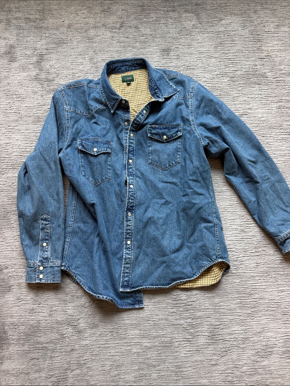 J. Crew Blue Denim Shirt Jacket with Yellow Check Lining